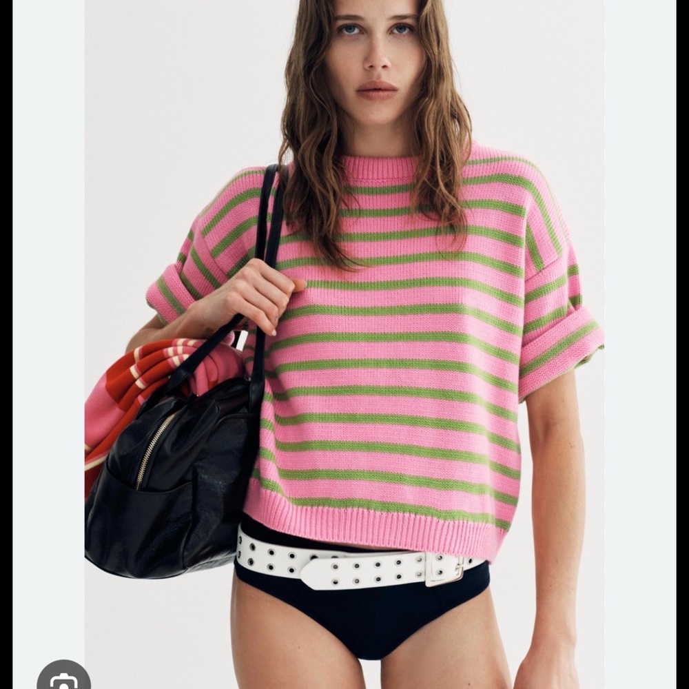Zara Pink and Green Striped Women's Sweater - Picture 4 of 5